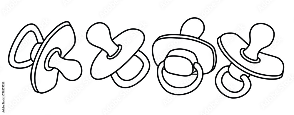 Cute pacifier doodle icon set.