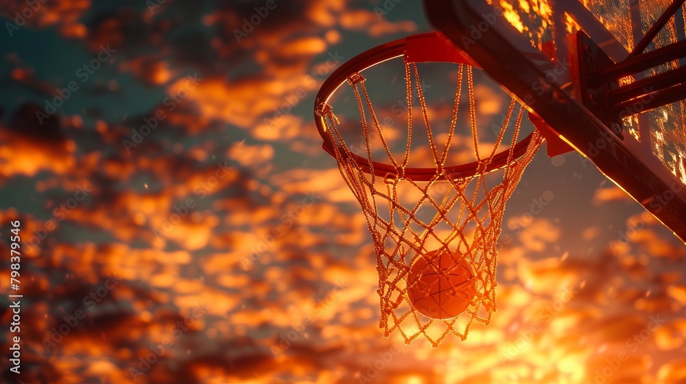 Basketball swishes through hoop in sunset's radiant glow.