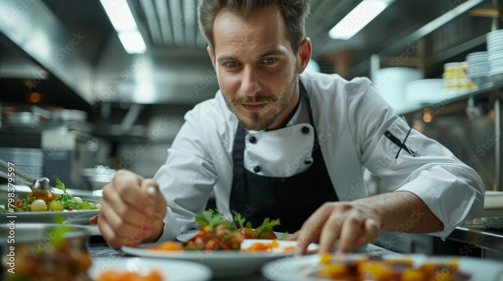 Gourmet chef plating a dish rich in phytosterols and omega-3s, upscale restaurant Gourmet chef plating a dish rich in phytosterols and omega-3s, upscale restaurant