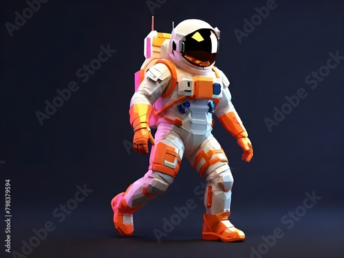 Low poly 3d image of low poly astronaut neon theme floating in metaverse 3d black background