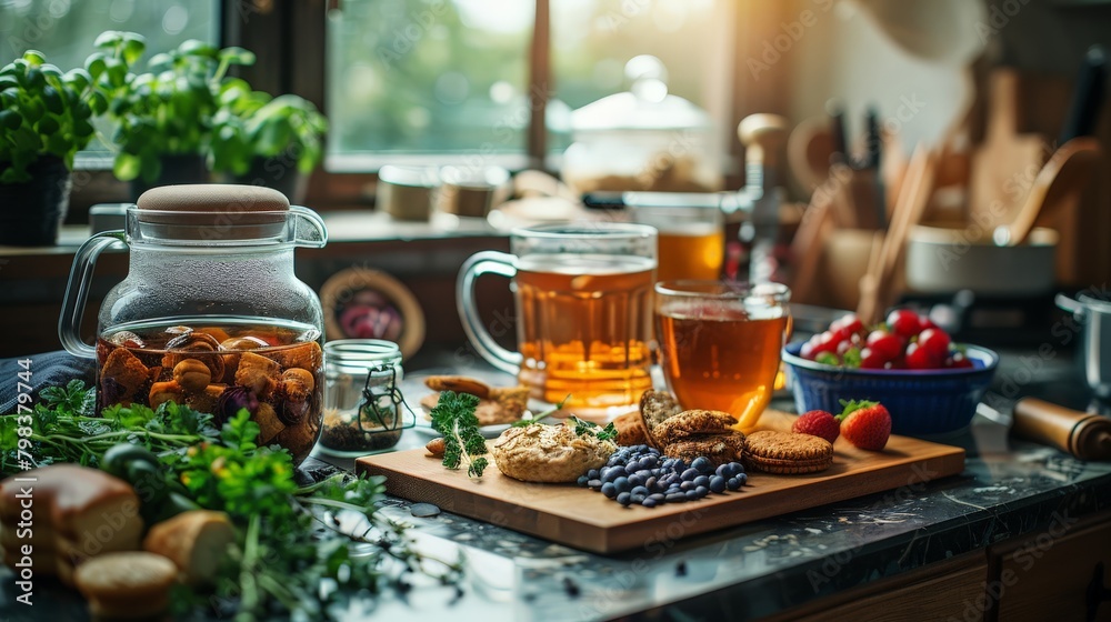 Fototapeta premium Warm, inviting kitchen scene with cholesterol-lowering snacks and herbal teas