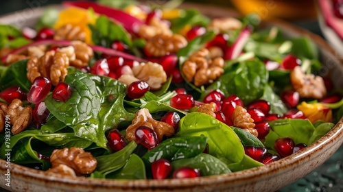 Close-up of a colorful salad with spinach, walnuts, and pomegranate seeds