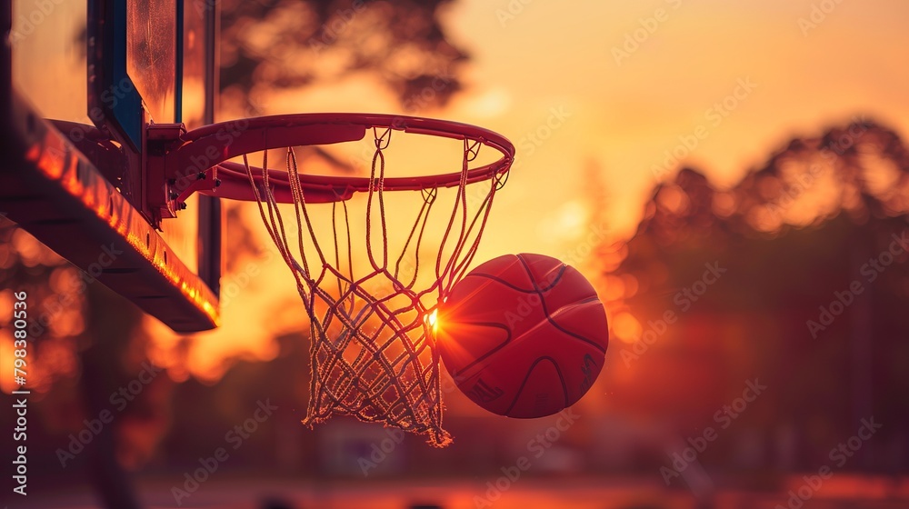 Basketball swishes through hoop in sunset's radiant glow.