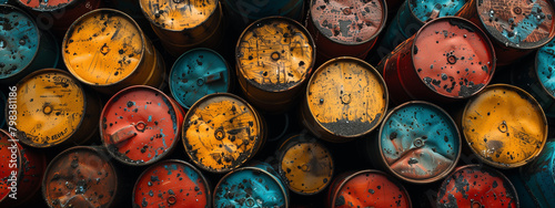 From above, witness the captivating sight of a scrap yard filled with rusty oil barrels, evoking a sense of industrial history and forgotten stories photo