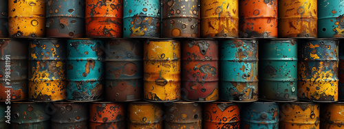 Stack of industry oil barrels or chemical drums.