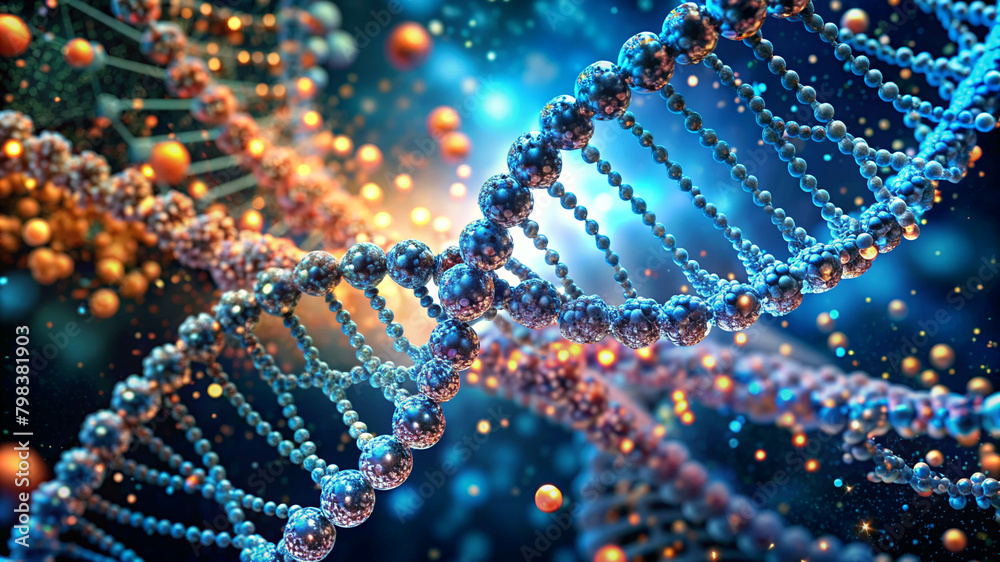 A visual representation of a DNA double helix with molecular detail. A visual representation of a DNA double helix with molecular detail.