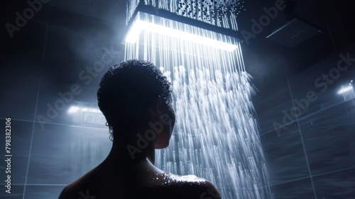 A person standing under a stream of cold water from a shower head inside the sauna engaging in a hydrotherapy technique believed to improve circulation and decrease stress.. photo