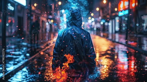 A person wearing a black hoodie is walking down a wet city street at night. The person is surrounded by red and orange flames.