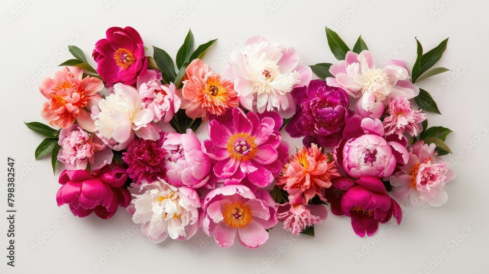 Celebrate Mother s Day with a stunning bouquet of vibrant peonies elegantly displayed against a crisp white backdrop in a top down view