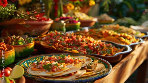 Indulge in a vibrant Fiesta party spread featuring mouthwatering chicken quesadillas and a delightful array of authentic Mexican dishes on the buffet table