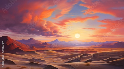A dramatic desert landscape with towering sand dunes and a fiery sunset painting the sky in shades of orange and pink.