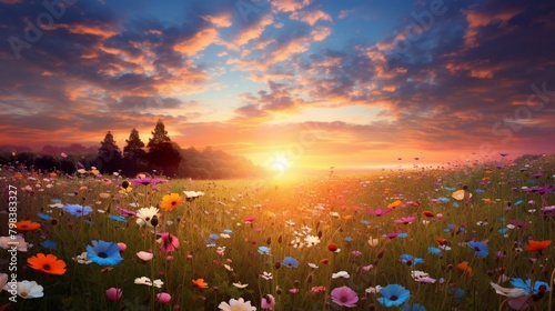 A field of vibrant wildflowers swaying in the breeze  their petals catching the golden light of the setting sun.