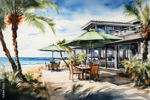 A watercolor painting of a beach restaurant with green umbrellas and palm trees.