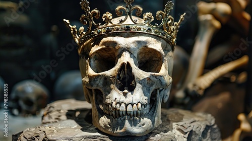 A gold crown rests on top of a skull.