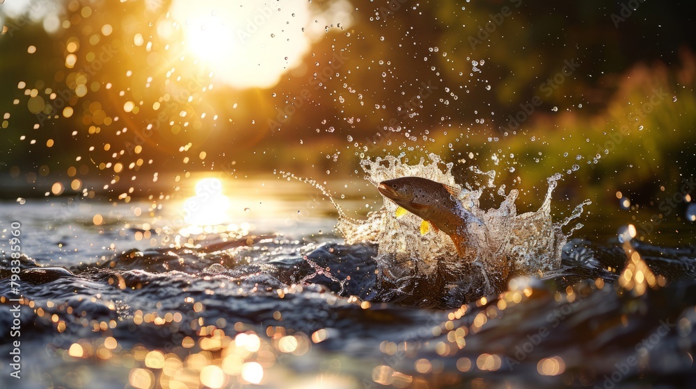 Sunlit water splashing as a large fish leaps in tranquil lake. Sunlit water splashing as a large fish leaps in tranquil lake.