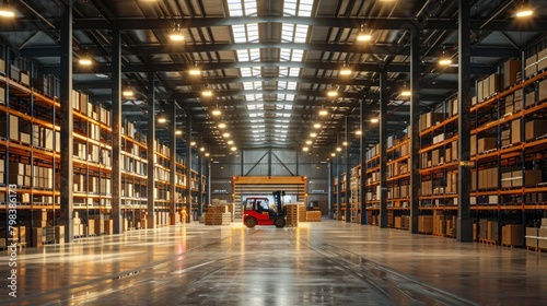 forklift in the center, surrounded by high shelves filled with boxes and pallets. In an expansive warehouse with rows of racking systems, illuminated lighting illuminates every corner.