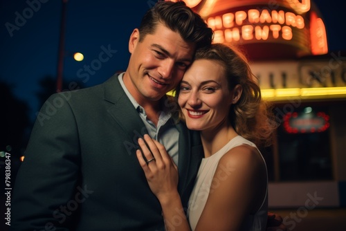 A Nostalgic Evening Portrait of a Smiling Young Couple Embracing in Front of the Neon-Lit Marquee of a Classic Town Drive-In Theater Under the Starry Sky