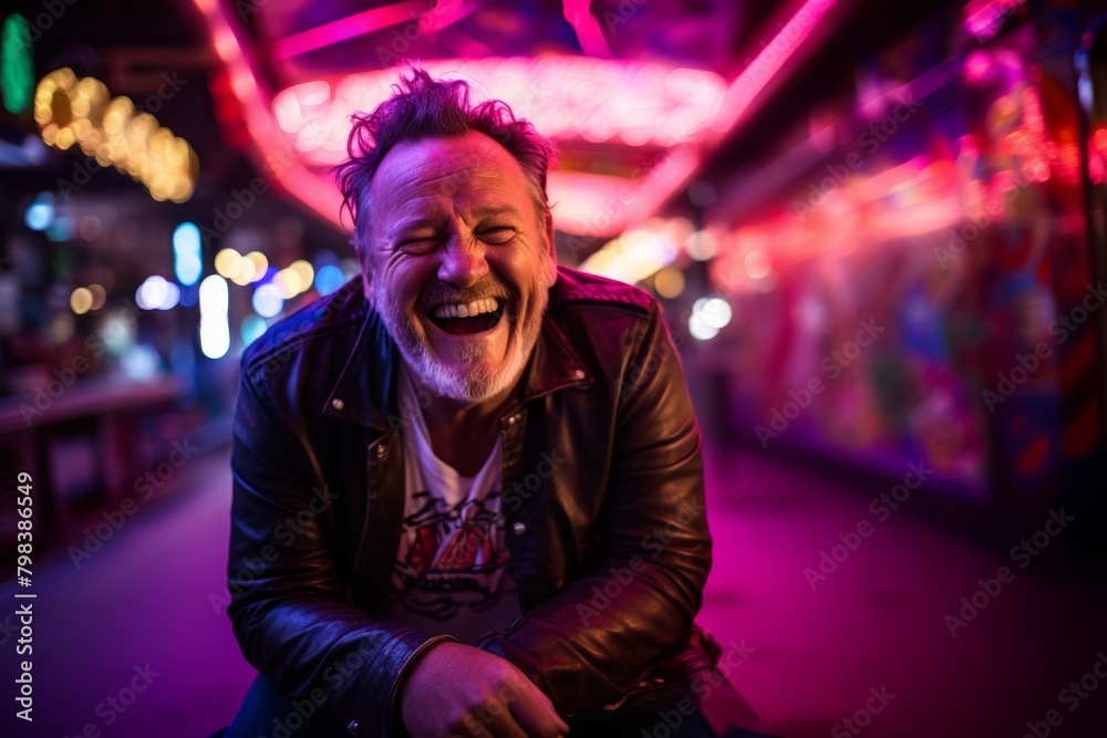 A Laughing Affair: An Aspiring Comedian's Portrait Captured with Bright Neon Lights of the Famous Chuckle Hut Comedy Club in the Background