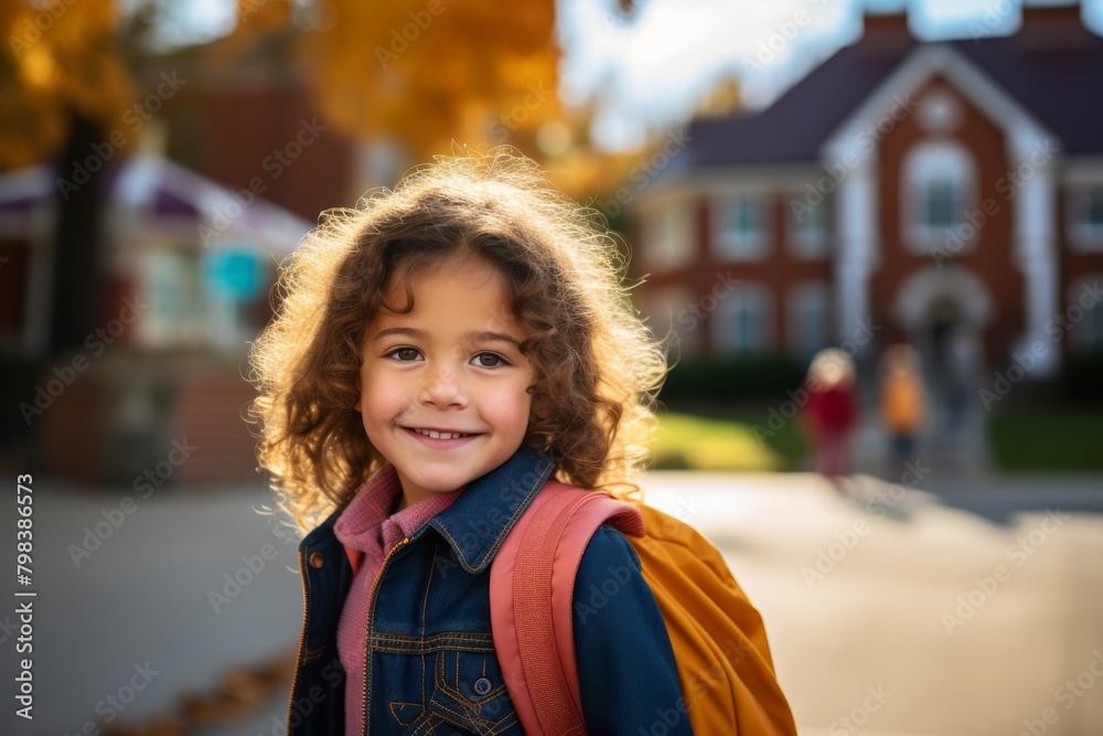 A Bright-Eyed Young Student Smiling Proudly in Front of Her Colorful Elementary School on a Sunny Autumn Day, Backpack Strapped and Ready for Learning Adventures