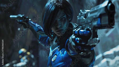 A woman in a blue outfit is holding two guns and looks like she's about to shoot. She's standing in a dark place with blue lights all around.