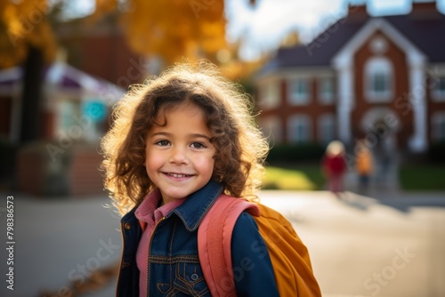 A Bright-Eyed Young Student Smiling Proudly in Front of Her Colorful Elementary School on a Sunny Autumn Day, Backpack Strapped and Ready for Learning Adventures