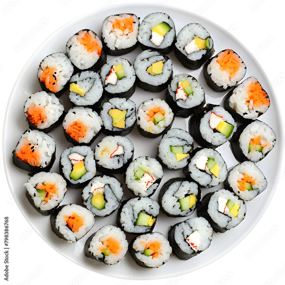 A plate of sushi rolls, neatly arranged and colorful, transparent background, PNG Cutout A plate of sushi rolls, neatly arranged and colorful, transparent background, PNG Cutout