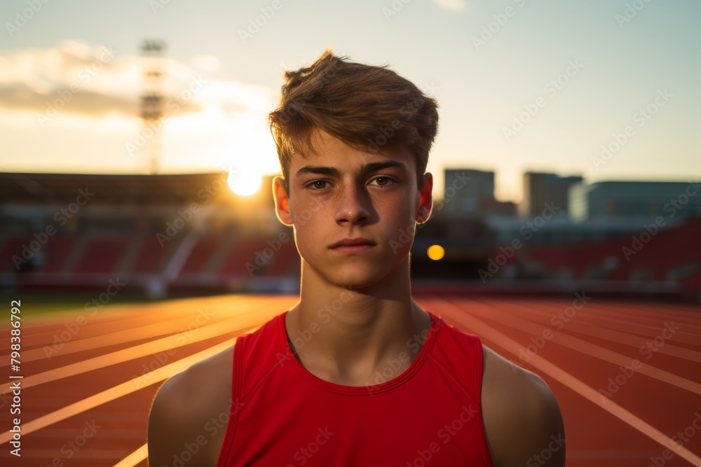 A Determined Athlete's Gaze Pierces Through the Camera as They Stand Poised Before the Sprawling Red Running Track at Dawn