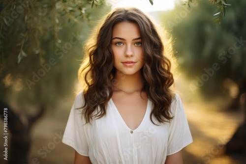 A Serene Portrait of a Young Woman in a Flowing White Dress Standing Before the Lush Greenery of an Ancient Olive Grove at Sunset