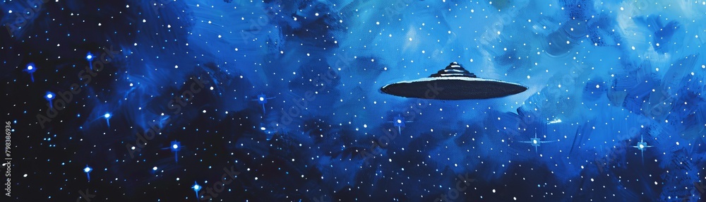 An acrylic painting of a classic flying saucer UFO against a vibrant, star-studded blue night sky. An acrylic painting of a classic flying saucer UFO against a vibrant, star-studded blue night sky.