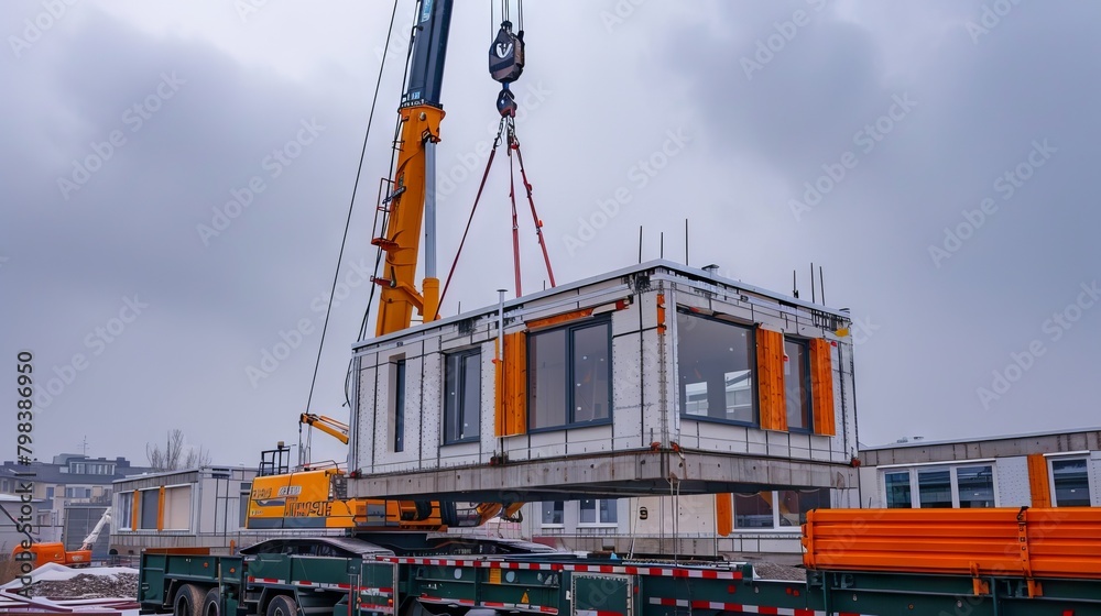 A Crane at Work, Skillfully Hoisting Modular Housing on a Cloudy Day