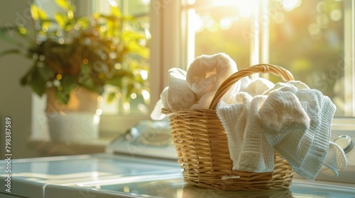 A Laundry Basket Filled with Towels Stands Beside a Washing Machine in Natural Light photo