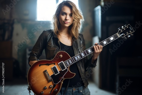 A Talented Female Musician Radiates Confidence While Posing Before Her Band's Rehearsal Room, Guitar in Hand and Ready to Perform