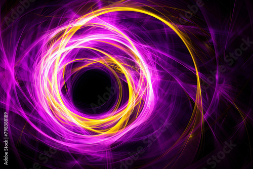Dynamic neon purple and yellow swirling lines. An intriguing magnetic vortex on a black canvas. photo