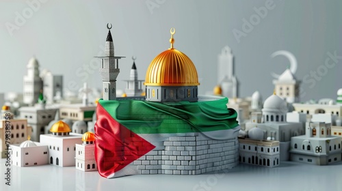A green, white, and red f-lag with a crescent moon and a seven-pointed star on a white background is in the foreground. There is a mosque with a green dome and a tall minaret behind it. A crescent moo photo