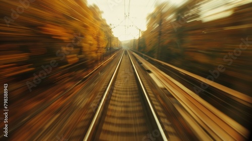A blurred image showing a train track with trees in the background. The track runs straight through the center, with green trees lining the sides.