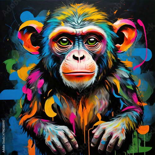 fantasy portrait of a monkey illustration with colorful paint splash on black background. Vector illustration for t-shirt design or gaming character