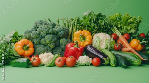Bright green background enhances colorful grocery assortment.