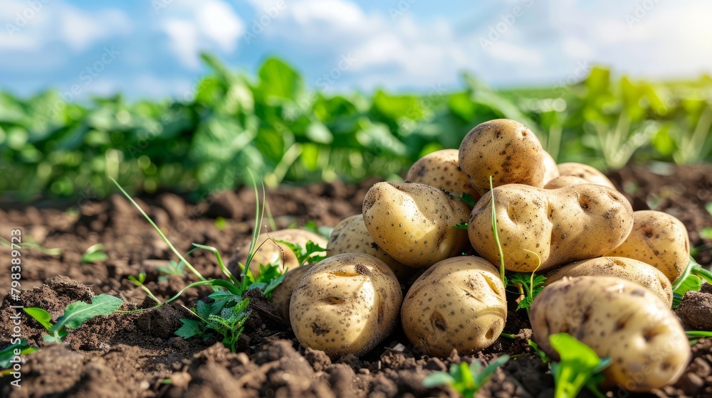 Freshly dug potatoes heap under open blue skies. Freshly dug potatoes heap under open blue skies.