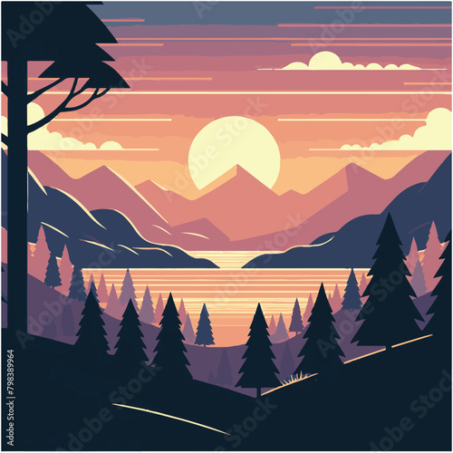 Mountain forest sunse with rivert. Vector nature landscape photo