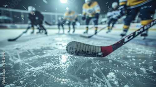 Close-up of hockey stick on ice with players in background.