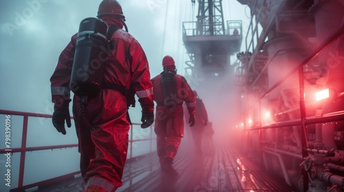A Team of Industrial Workers in Red Overalls Stands Out on a Mist-Enshrouded Oil Rig