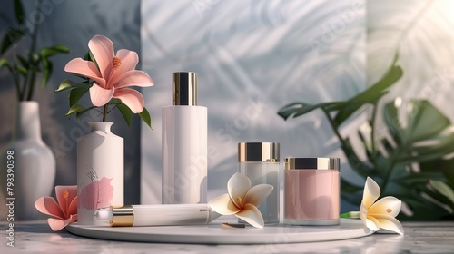 A display of beauty and skincare products with flowers.