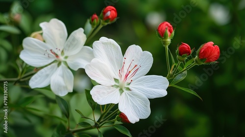 This is an up-close picture of several white flowers with red centers. The flowers have multiple petals and are arranged in a cluster. The flowers are surrounded by green foliage.  