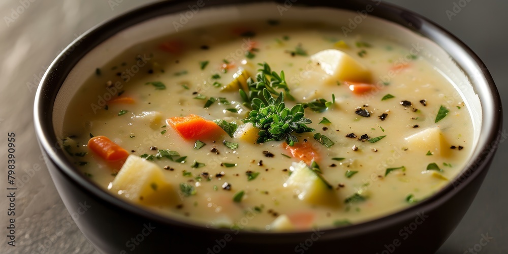 a zucchini cream soup with added potatoes and carrots, enriched with vegetable broth, olive oil, and seasoned with black pepper, salt, dried oregano, and dried basil a zucchini cream soup with added potatoes and carrots, enriched with vegetable broth, olive oil, and seasoned with black pepper, salt, dried oregano, and dried basil