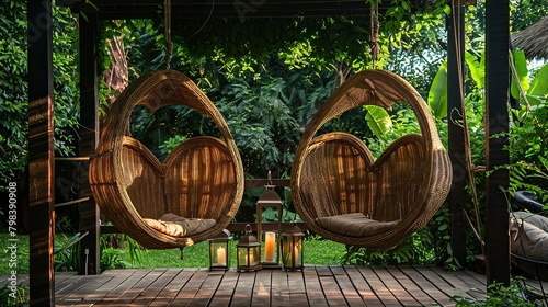 There are two large wicker egg-shaped chairs on a wooden deck surrounded by greenery.   © Awais