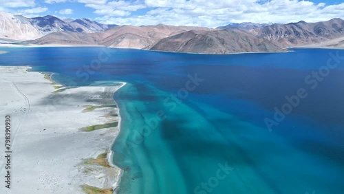 Mountain lake Pangong, aerial view of the Himalayas, Ladakh drone video photo