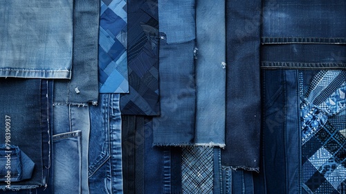 A montage of different stages of denim creation, from raw cotton to finished jeans, emphasizing the indigo dye process and pattern detail