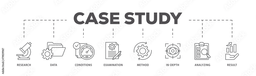 Case study icons process flow web banner illustration of research, data, conditions, examination, method, in depth, analyzing, and result icon live stroke and easy to edit 