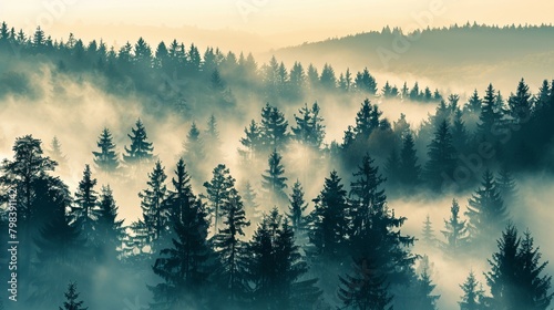 Hazy silhouettes of a forest at dawn  trees obscured by morning mist  mysterious and peaceful