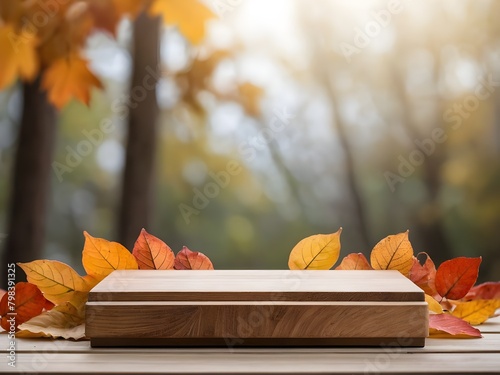 Wooden product display podium with blurred nature autumn leaves. Ai Generative.